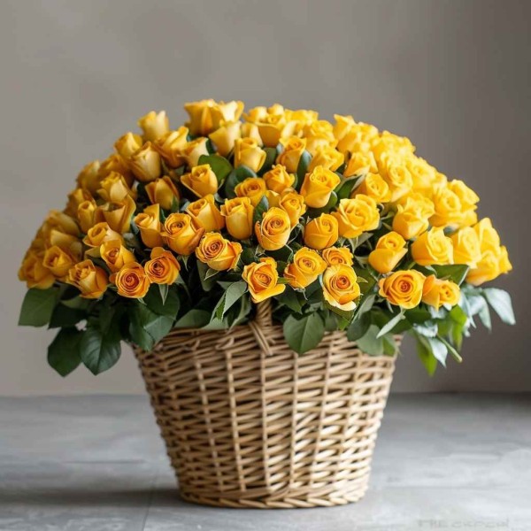 101 желтая роза в корзине