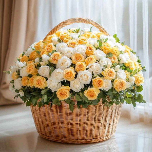 101 желто-белая роза в корзине