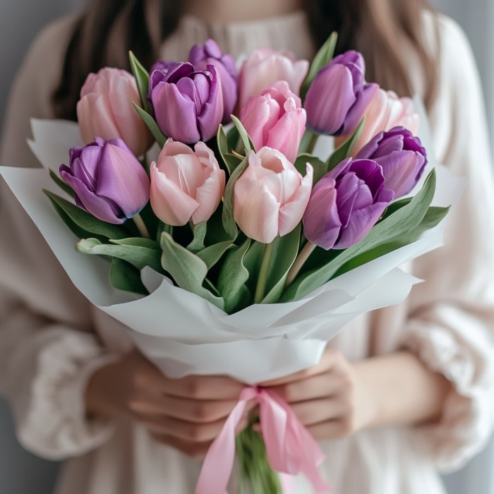 Букет 15 фиолетово-розовых тюльпанов