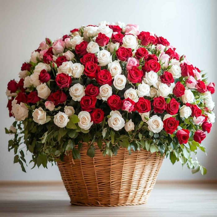 250 красно-белых роз в корзине
