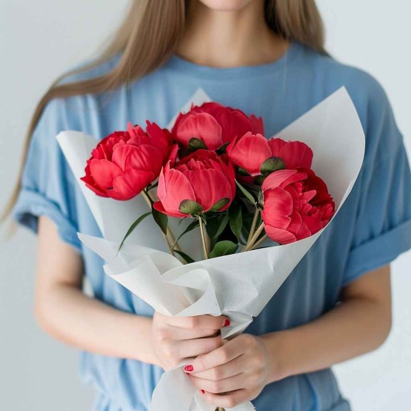 5 пионов сорта Ред Пиано