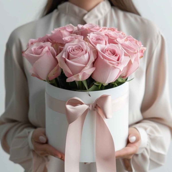 Розовые розы в коробке
