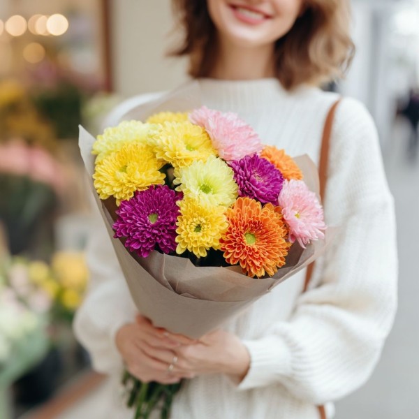 13 разноцветных хризантем