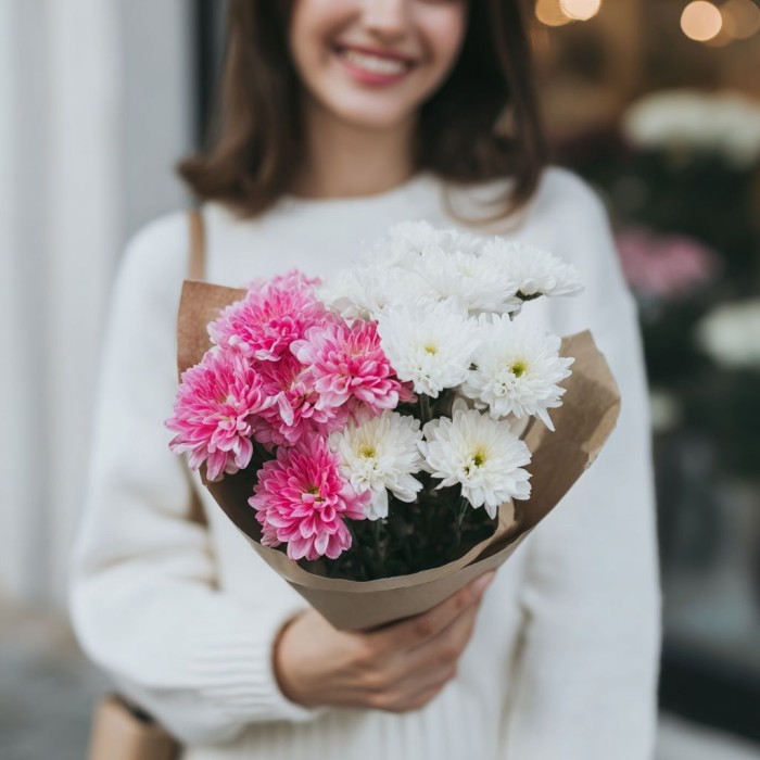 Букет 3 бело-розовые хризантемы