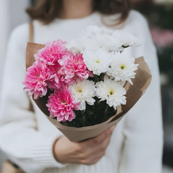 3 бело-розовые хризантемы