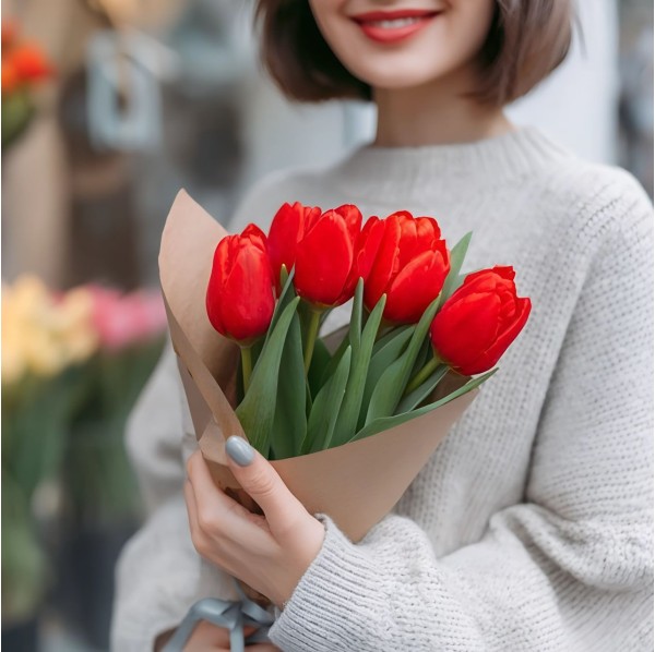 Букет 5 красных тюльпанов