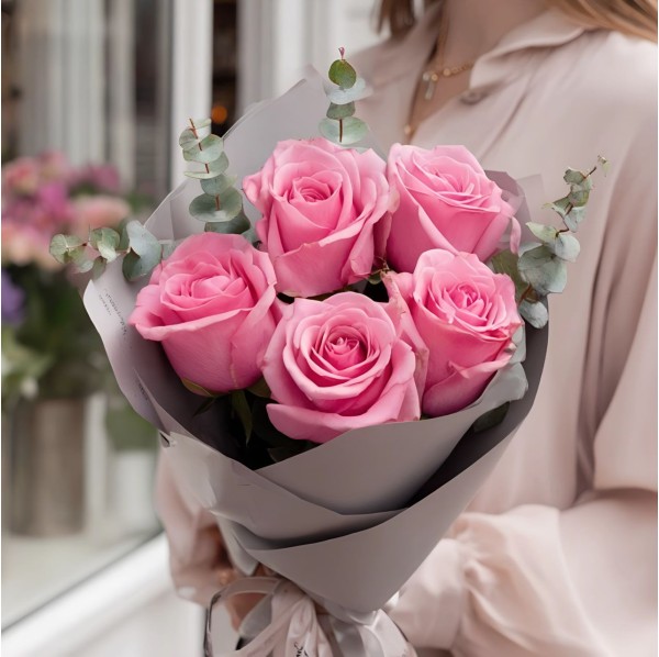 Букет розовые розы 50 см 5 шт.