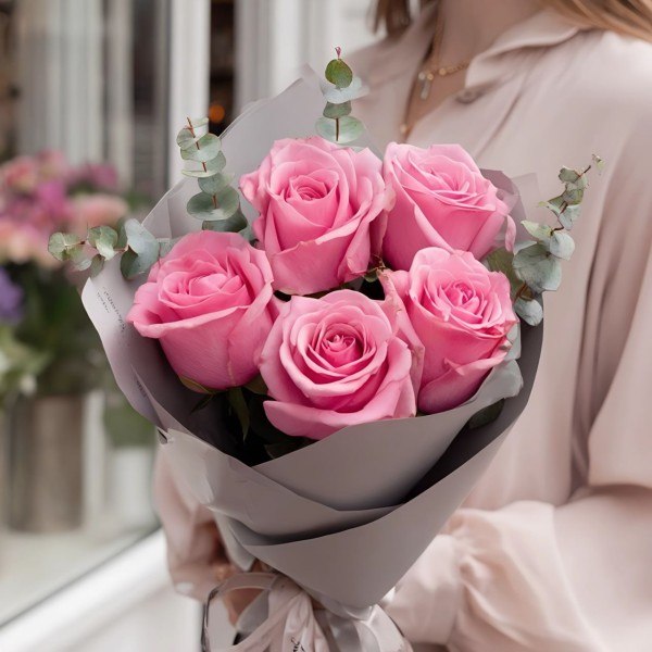 Букет розовые розы 50 см 5 шт.