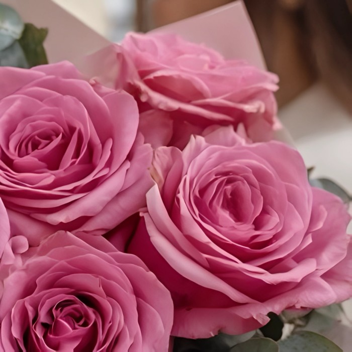 Букет 5 розовых роз с эвкалиптом