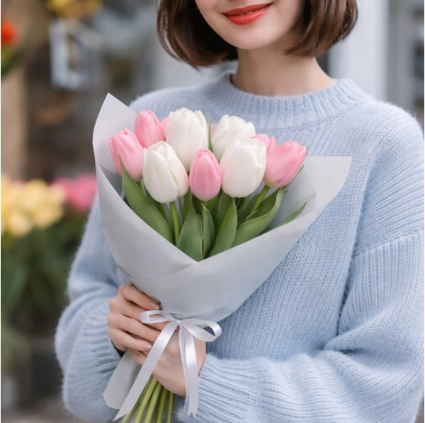 9 бело-розовых тюльпанов