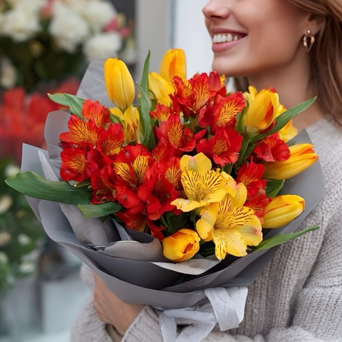 Букет альстромерии с желтыми тюльпанами