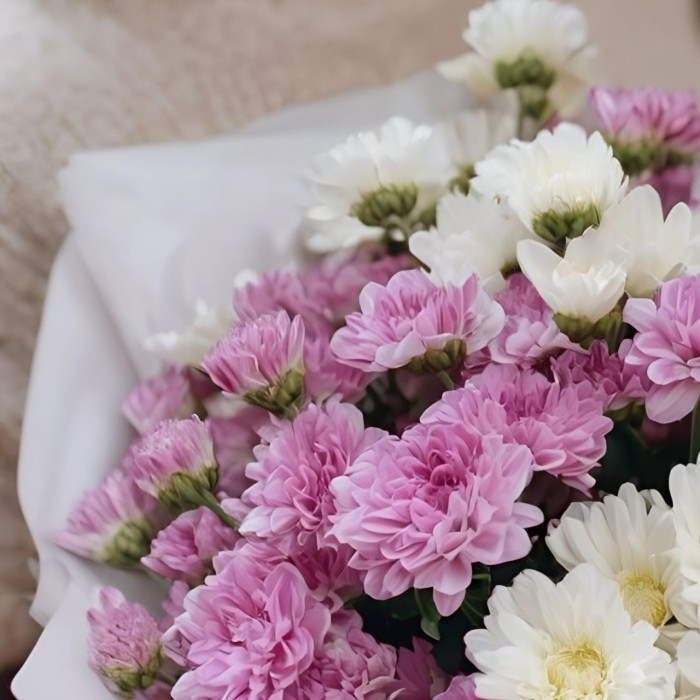 Букет из белых и сиреневых хризантем