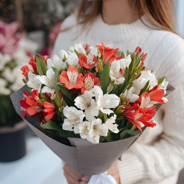 9 бело-красных альстромерий