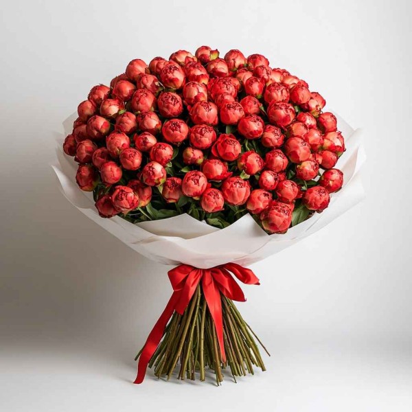 100 красных пионов
