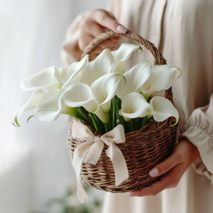 13 белых калл в корзине