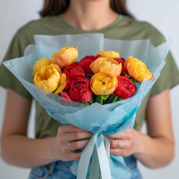 13 желто-красных пионов