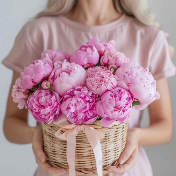 15 розовых пионов в корзине
