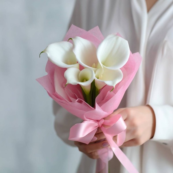 5 белых калл в розовой упаковке