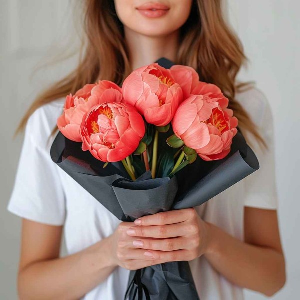 Букет 5 коралловых пионов