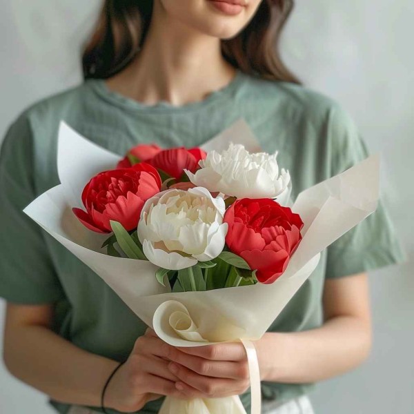 Букет 5 красно-белых пионов