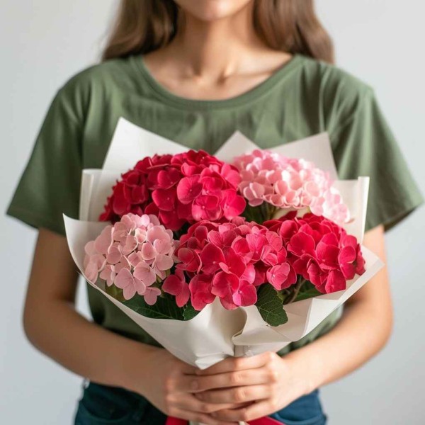 5 красно-розовых гортензий