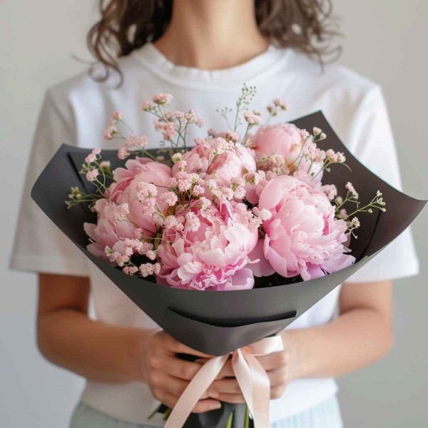 5 розовых пионов с гипсофилой