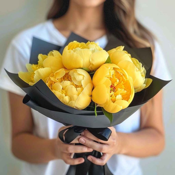 Букет 5 желтых пионов