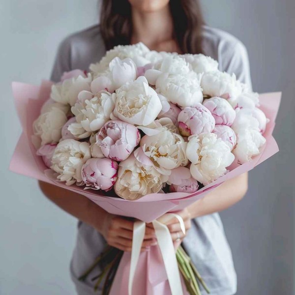 51 пион в розовой упаковке