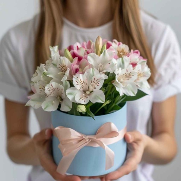 9 белых и розовых альстромерий в коробке