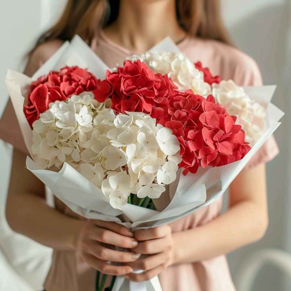 9 красно-белых гортензий