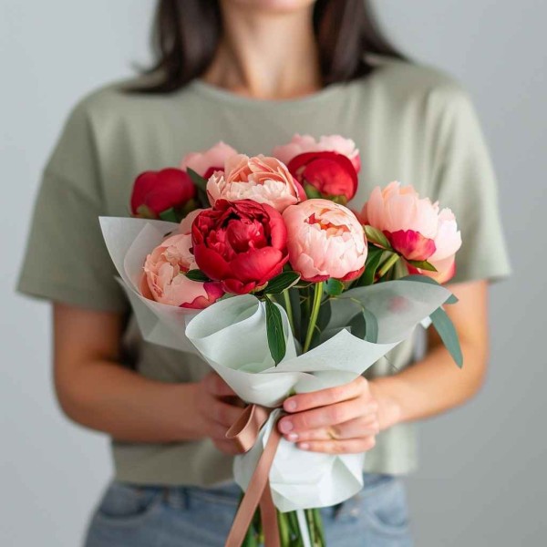 9 красно-розовых пионов