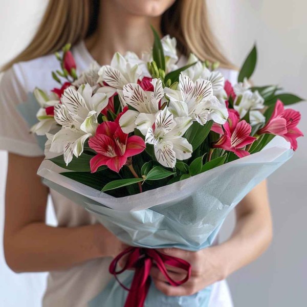 Моно букет красно-белых альстромерий