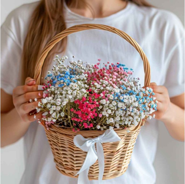 Разноцветные гипсофилы в корзине