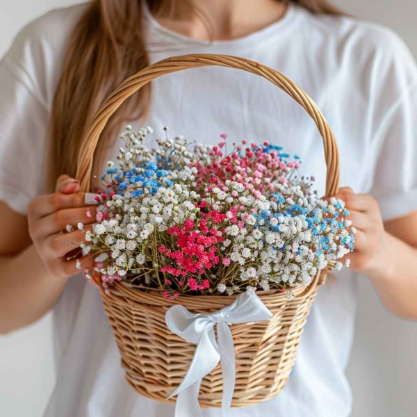Разноцветные гипсофилы в корзине