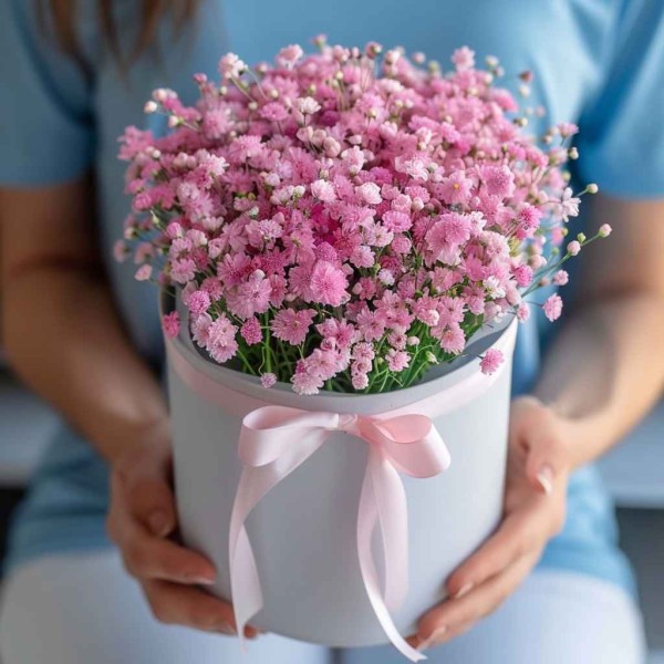 Розовые гипсофилы в коробке