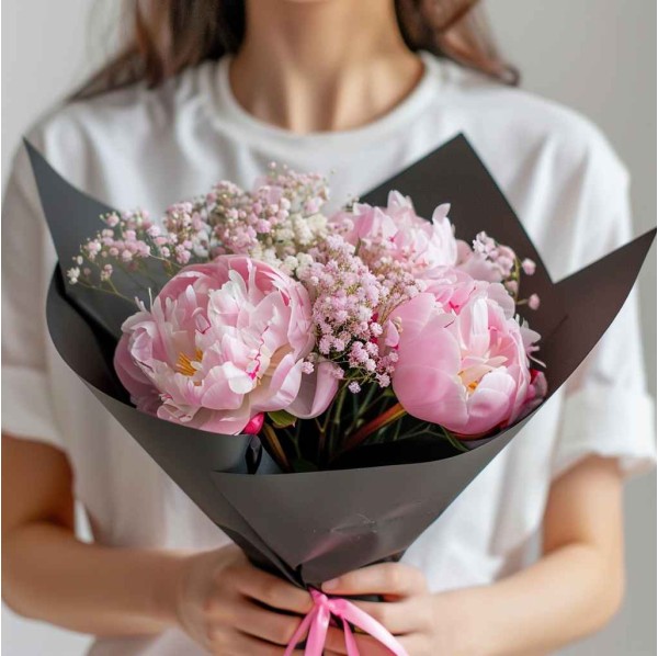 Розовые пионы с гипсофилой