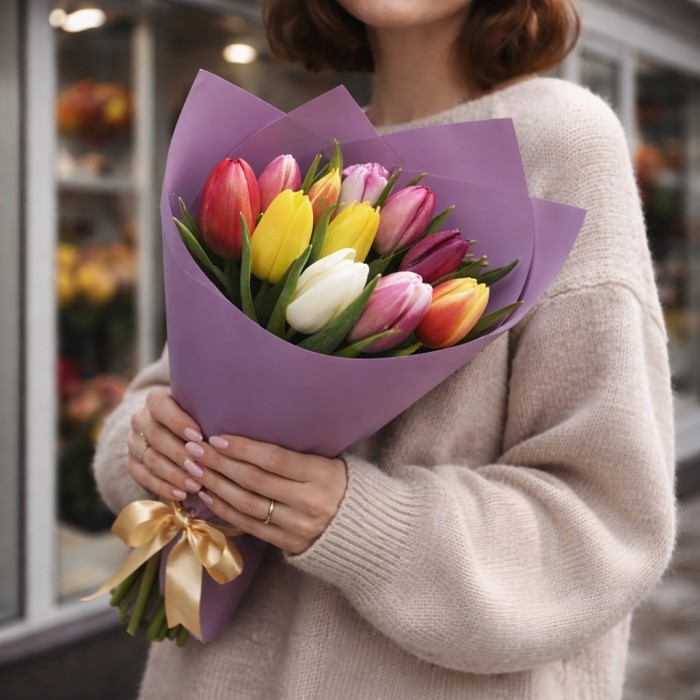 Букет 11 разноцветных тюльпанов