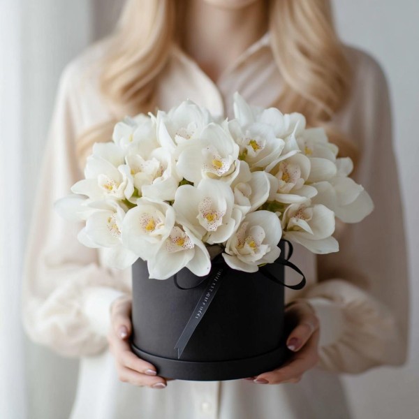 25 белых орхидей в коробке