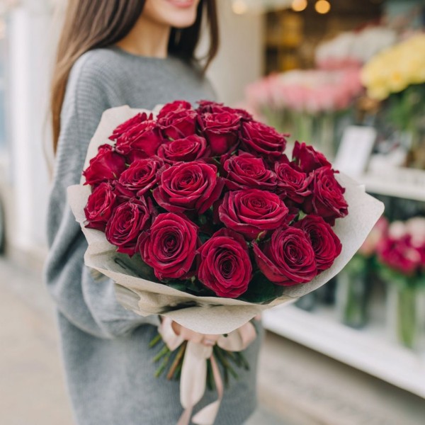25 бордовых роз