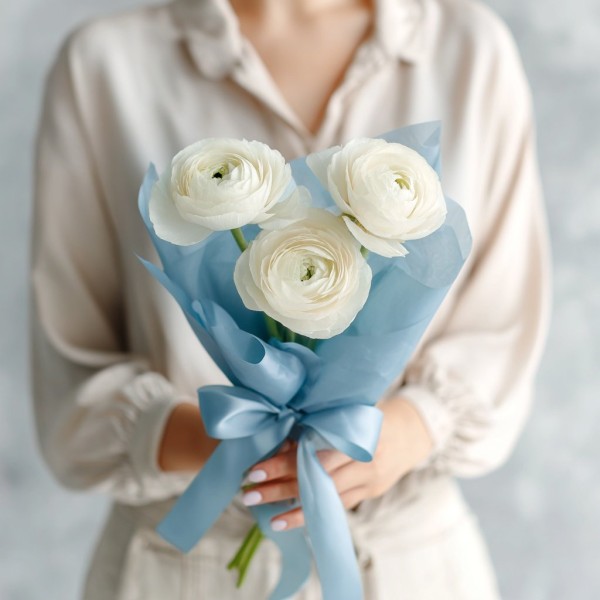 3 белых ранункулюса