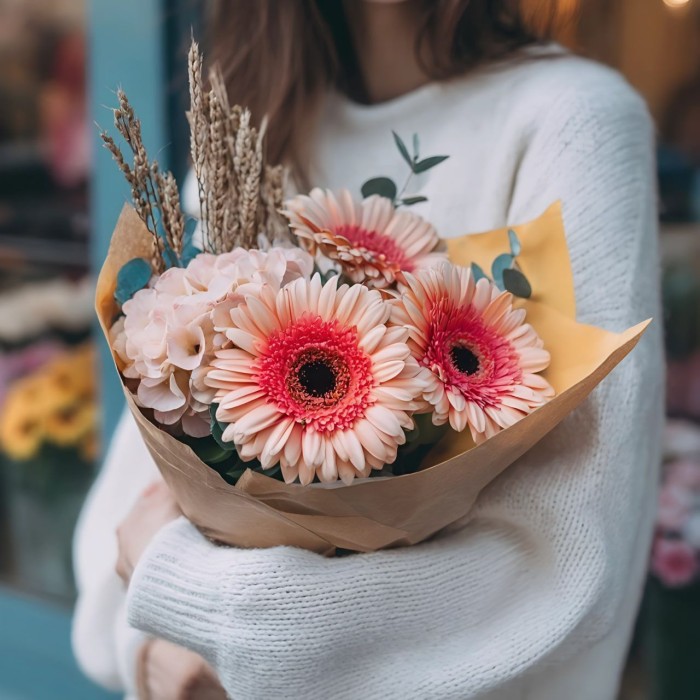 Букет 3 герберы с гортензией и пшеницей