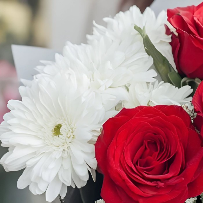 Букет 3 красные розы и кустовая хризантема