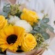 3 желтые розы с подсолнухом и эвкалиптом