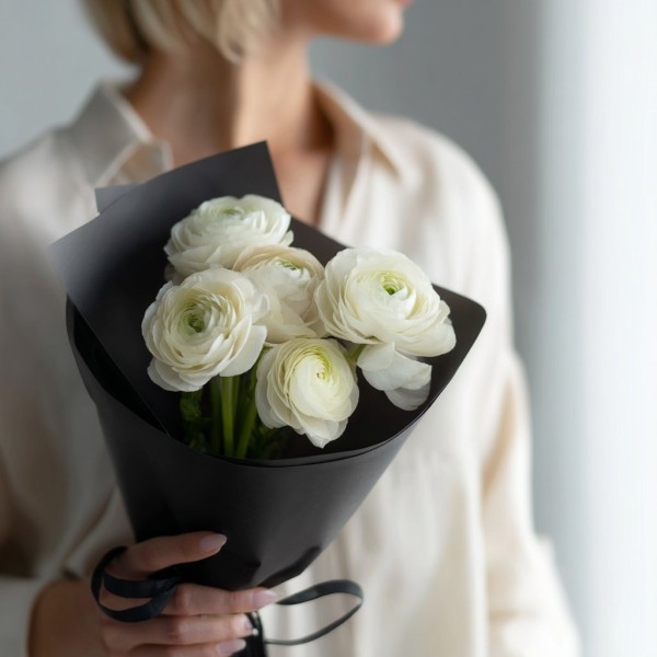 5 белых ранункулюсов