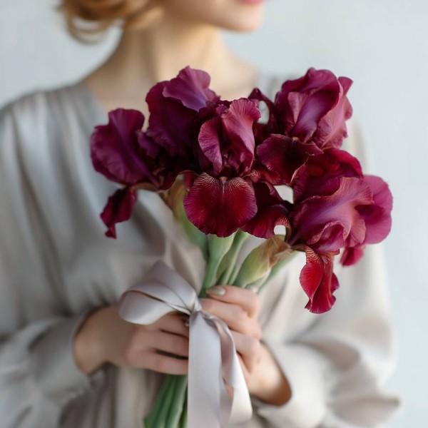 5 бордовых ирисов