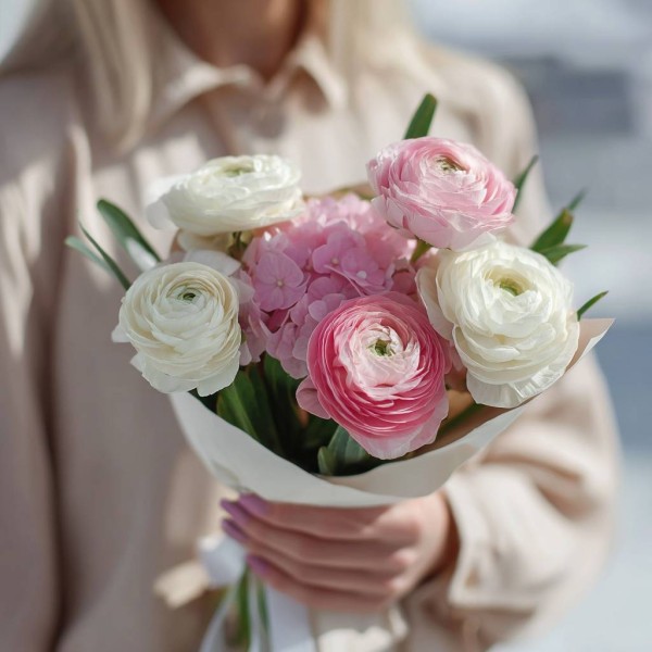 5 ранункулюсов с гортензией