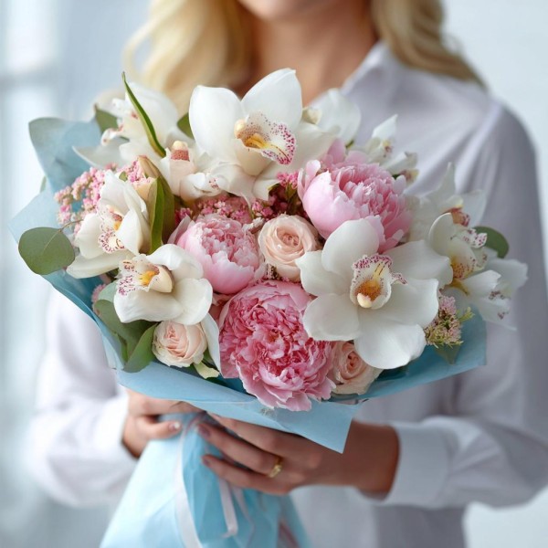 9 орхидей с пионами