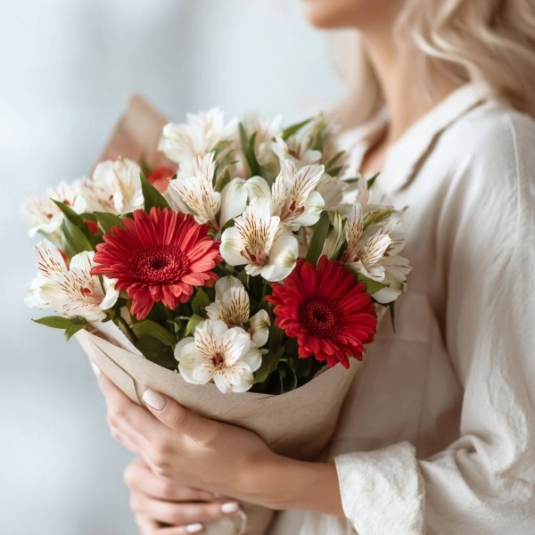 Белые альстромерии и красные герберы