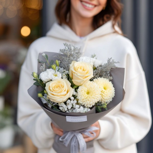 Букет из кремовых роз с астильбой