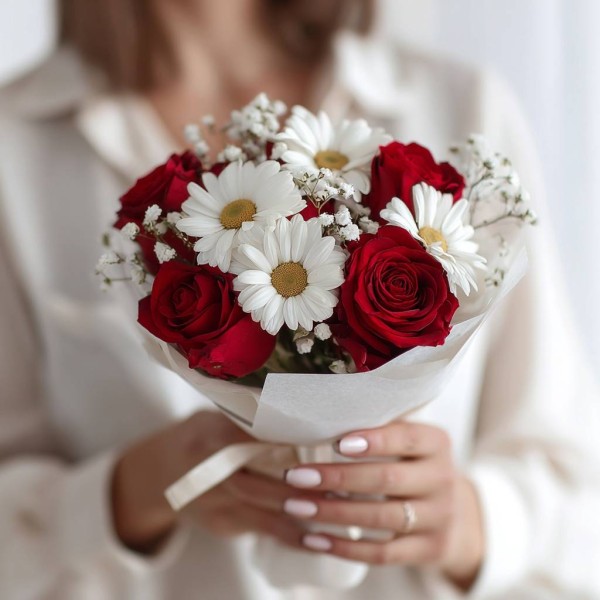 Букет с ромашками и красными розами